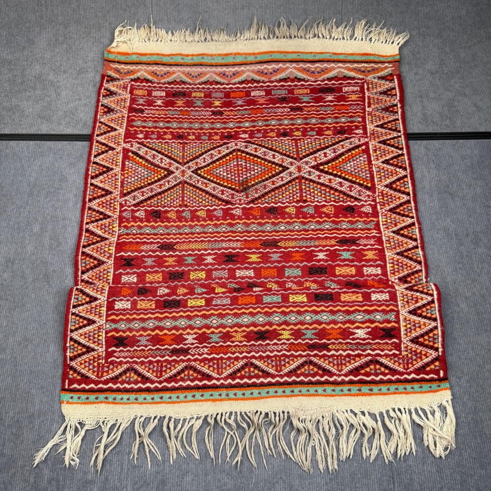 Vintage Handwoven Kilim Rug Red Geometric Tribal Flatweave 25x39 Bohemian Decor